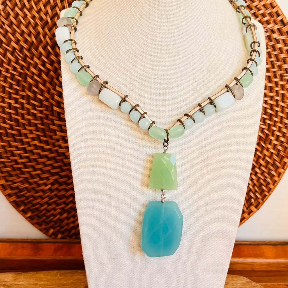 Aventurine Quartz Stone Collar Necklace Sea Glass Colors Teal Pendant